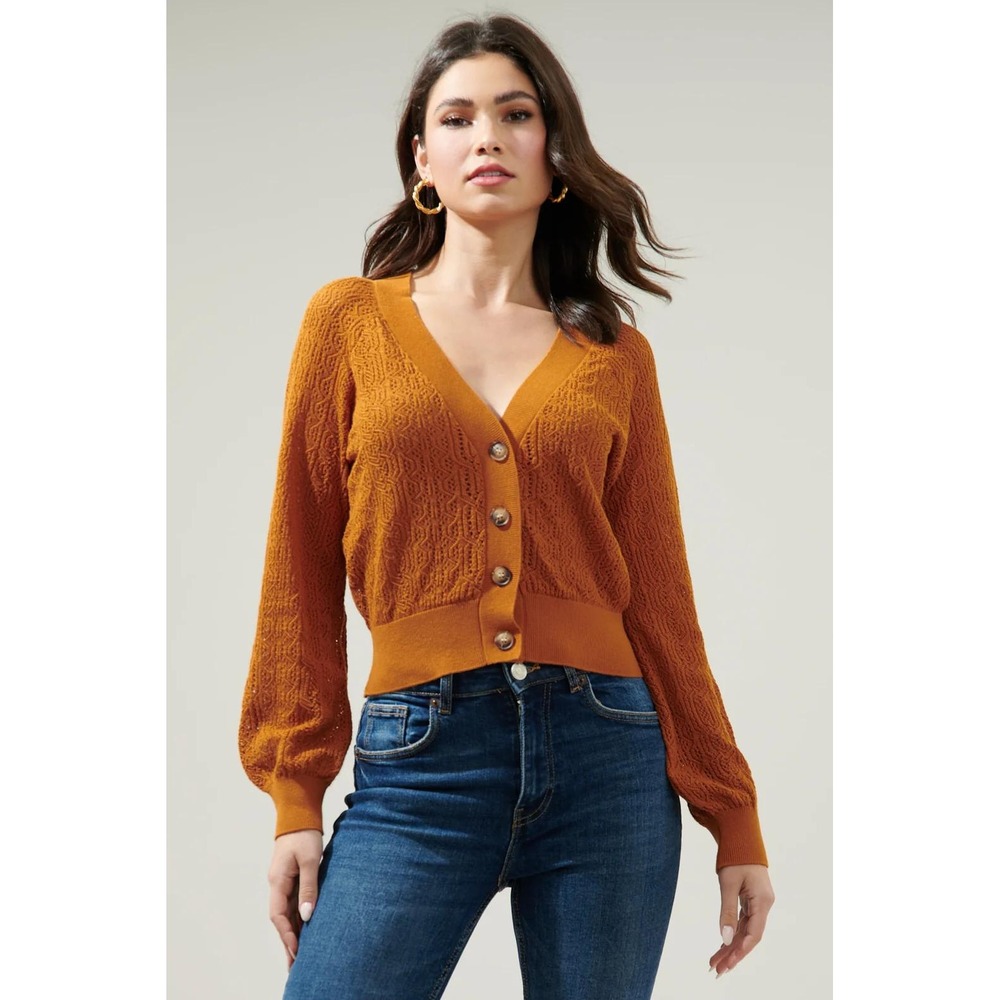 Sugarlips Chasing Waves Pointelle Knit Burnt Orange Button Front Cardigan L